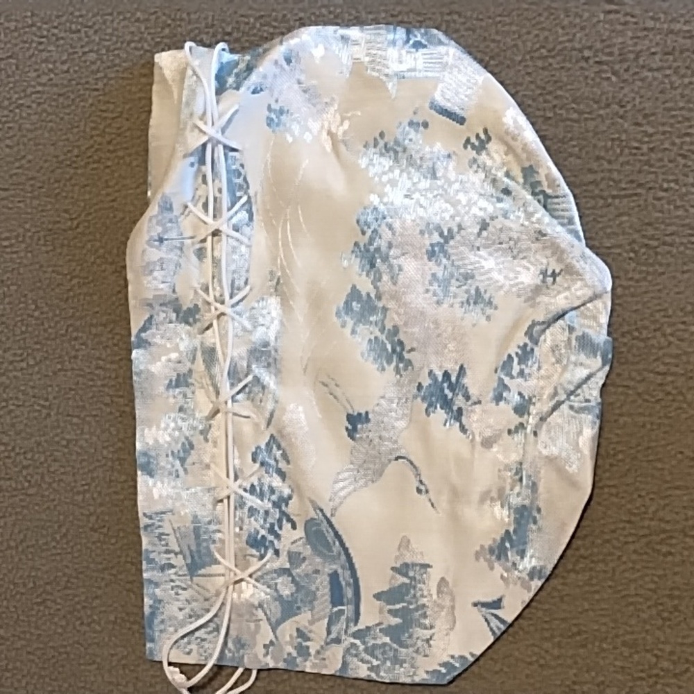 Hand Crafted Silk Damask Reticule Drawstring Bag Crane Temple Blue Silver - Picture 6 of 8
